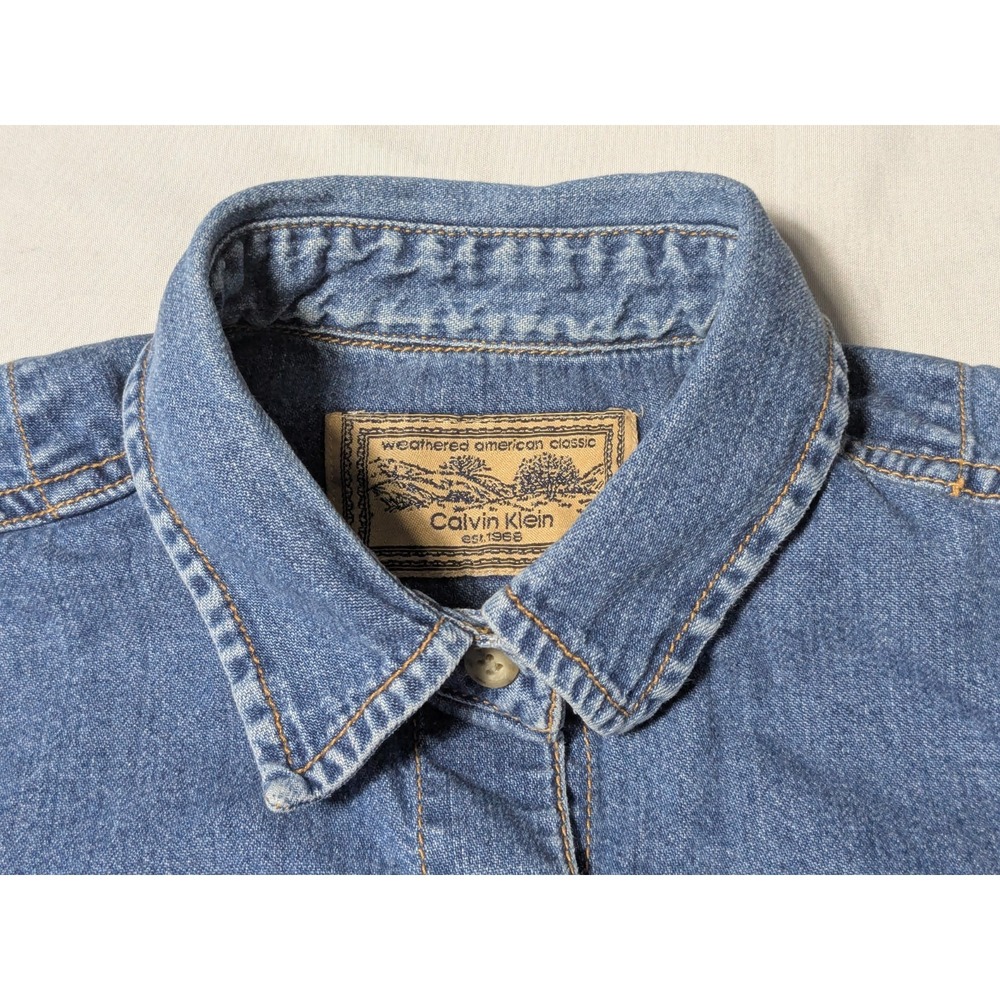 VTG 80s CALVIN KLEIN Weathered American Classic Blue Denim Shirt - Women Medium - Picture 5 of 16
